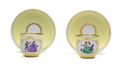 A pair of cups decorated with carnival scenes, - Glass and porcelain