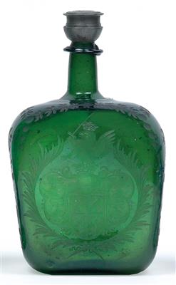 Schnapsflasche mit Zinnstöpsel, - Glas und Porzellan