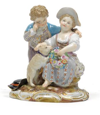 A figure of a girl stroking a lamb and holding a floral wreath, - Glass and porcelain