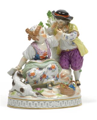 A figure of girl fending off boys, - Glass and porcelain