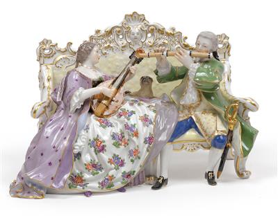 A sofa figural group with pug, - Sklo, Porcelán