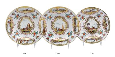 A plate decorated with ocean views and mercantile scenes, - Glass and porcelain