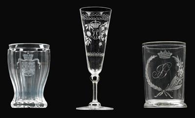 Three armorial glasses with 3 different coat-of-arms, - Sklo, Porcelán
