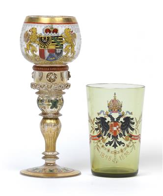 "Com de Lichtenstein 1628" - Pokal und Wappen-Becher 1848-1898, - Glas und Porzellan