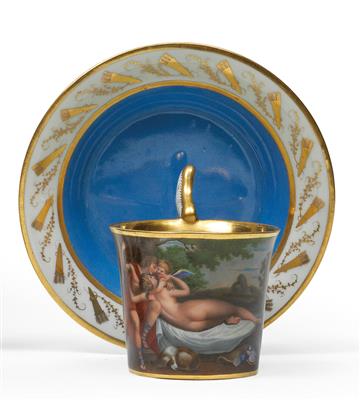 "Venus and Adonis" - A pictorial cup and saucer, - Glass and porcelain