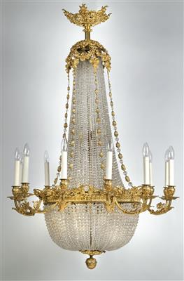 A French salon chandelier in Empire style with gilded mounting, - Glass and porcelain