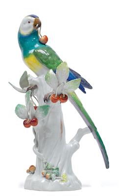 A figure of a parrot with a cherry branch in its beak, - Sklo, Porcelán
