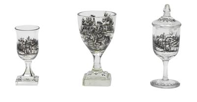 Two goblets with square plinth, - Glass and porcelain