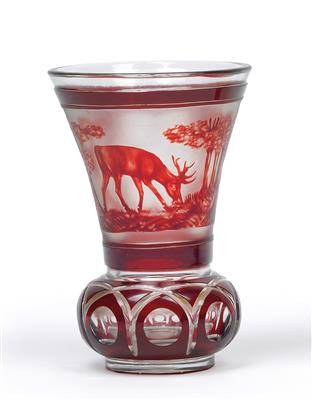A socle cup with grazing roebuck, - Glass and porcelain
