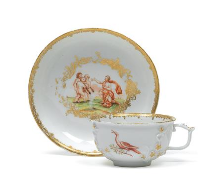 A cup and saucer with plum branches heightened with gilt, - Sklo, Porcelán