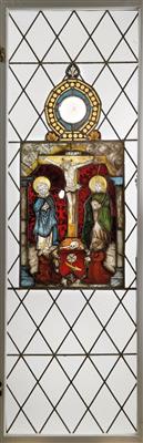 A leaded glass window with crucifixion group, - Glass and porcelain