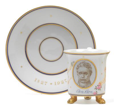 "Beethoven" - A portrait cup and saucer, dated 1827-1927, - Vetri e porcellane