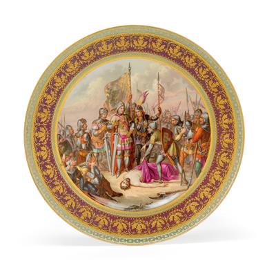 "Rudolf von Habsburg bei der Leiche Ottokars 1278" - A pictorial plate, - Glass and porcelain