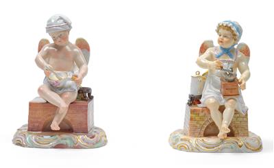 An amorette figure making coffee and Cupid with porringer and spoon, - Glass and porcelain