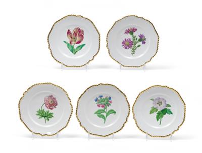 Five botanical plates, - Vetri e porcellane