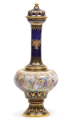 A lidded vase decorated with "Watteau” scenes, - Glass and porcelain