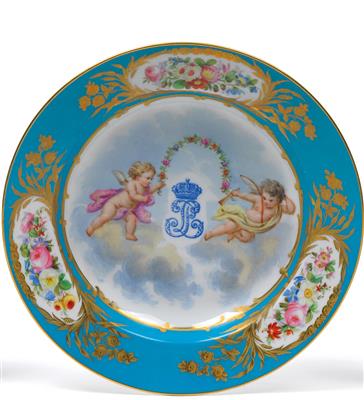 A French plate painted with flowers and amorettes, - Glass and porcelain