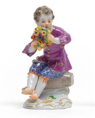 A boy gardener sitting on flower tub and holding a floral wreath, - Glass and porcelain