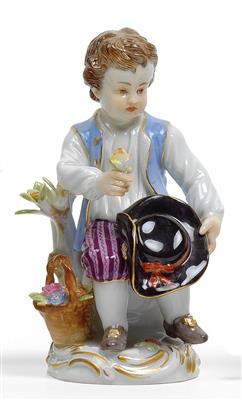 A seated boy gardener with a rose and hat, - Sklo, Porcelán