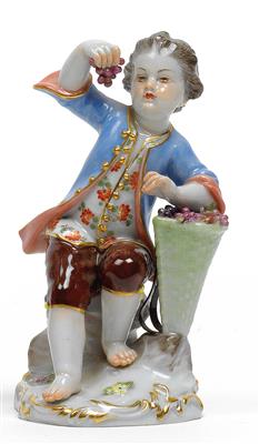 A seated boy gardener with a bunch of grapes and leaning against a grape tub, - Sklo, Porcelán
