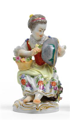 A girl gardener sitting on an overturned basket of flowers and holding a rose and hat, - Sklo, Porcelán