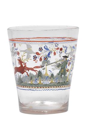 A glass cup with hunting scenes, - Sklo, Porcelán
