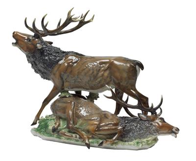 A stag group, one reclining and one belling stag, - Sklo, Porcelán