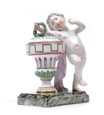 A girl and a boy standing next to an urn, - Vetri e porcellane