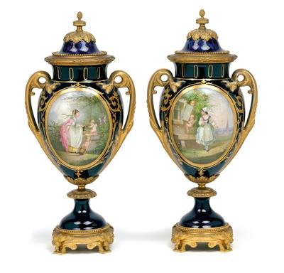 A pair of lidded vases with gilt bronze mounts, - Glass and porcelain