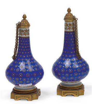 A pair of flacons with gilt bronze mounts, - Glass and porcelain