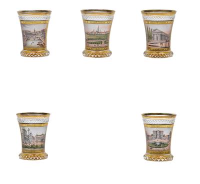 Five veduta glasses from Vienna, - Glass and porcelain