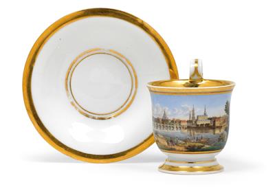 "Dresden" - A veduta cup and saucer, - Glass and porcelain