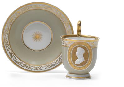 "Friedrich Wilhelm III." – A cup with bust and saucer, - Sklo, Porcelán