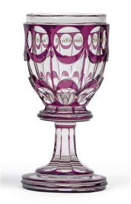"Zum Andenken von Ihrem dankbaren Sohne Alois Miksits"  - A goblet, - Glass and porcelain