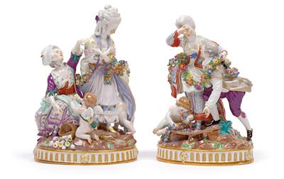 Two figural groups - "The broken Eggs" and "The broken Bridge", - Glass and porcelain