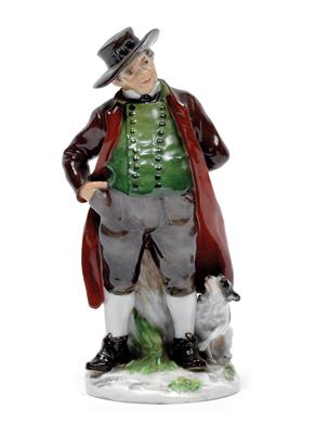 A figure of a farmer with a dog, - Glass and porcelain