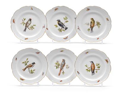 Six dessert plates decorated with diverse birds, - Sklo, Porcelán