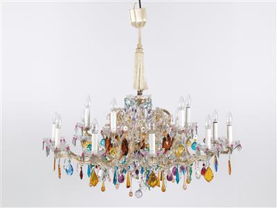 A glass chandelier with semiprecious stone pendants, amethyst and rose quartz, - Sklo, Porcelán