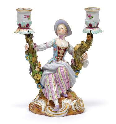 A candleholder for 2 candles and a seated lady, - Vetri e porcellane
