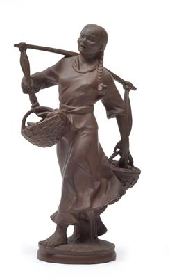 A figure of a Korean woman, carrying baskets of fruit, - Vetri e porcellane