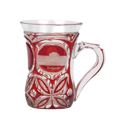 A small tankard decorated with views of spas, - Vetri e porcellane