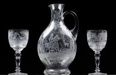 A wine glass service decorated with hunting designs, - Glass and porcelain