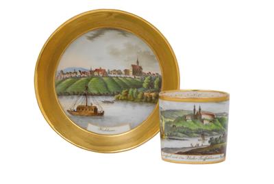 "Lengfurt und das Kloster Trüffelstein am Main" and "Hochheim", - Sklo, Porcelán