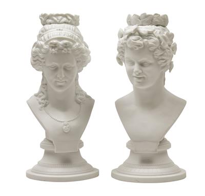 Bacchant busts serving as lamp mounts, - Glass and porcelain