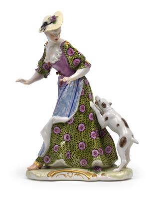A lady attacked by a dog, - Sklo, Porcelán