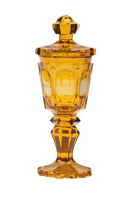A lidded goblet decorated with views of spas, - Vetri e porcellane