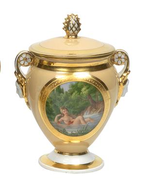 A lidded vase with bathers, - Glass and porcelain