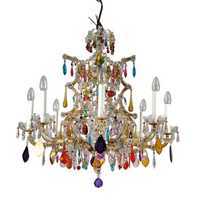 A glass chandelier with rose quartz semi-precious stones, - Glass and porcelain