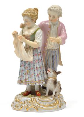 A young Rococo couple with dog, - Sklo, Porcelán