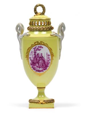 A neoclassical lidded vase with lemon yellow ground, - Glass and porcelain